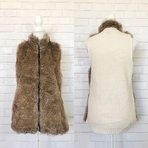 Brown Faux Fur & Cream Sweater Combo Mock Neck Zip Up Vest Jacket